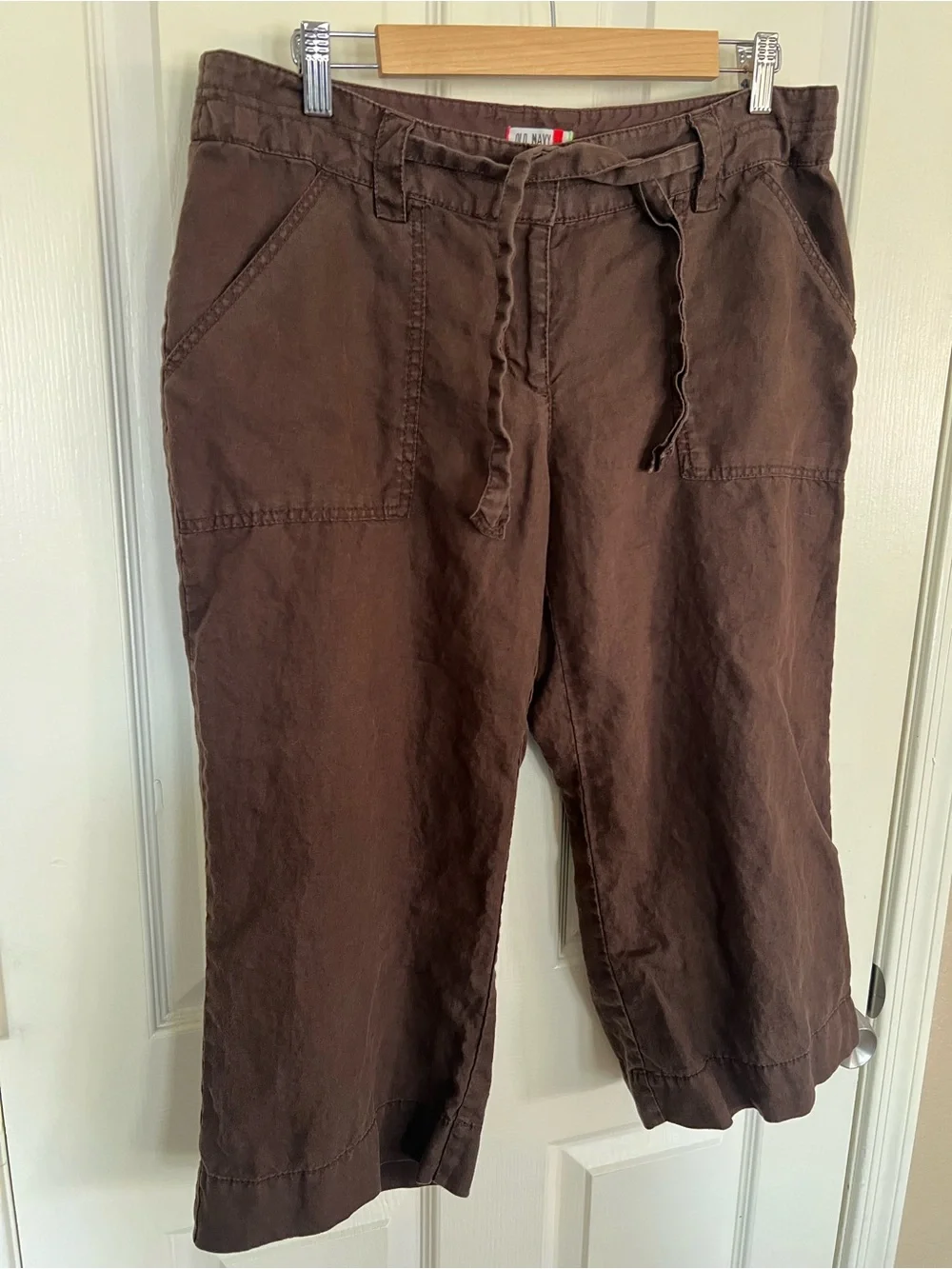 Old Navy 100% Linen Brown Utility Cargo Capri Pants Drawstring